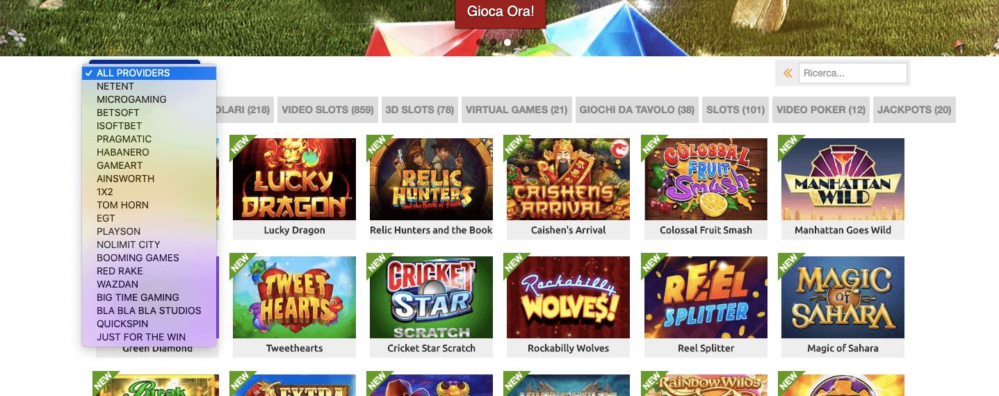 Immagine raffigurante la sezione "casino online" di betrebels,con la li lista completa dei fornitori supportati dalla loro piattaforma betrebels casino disponibili