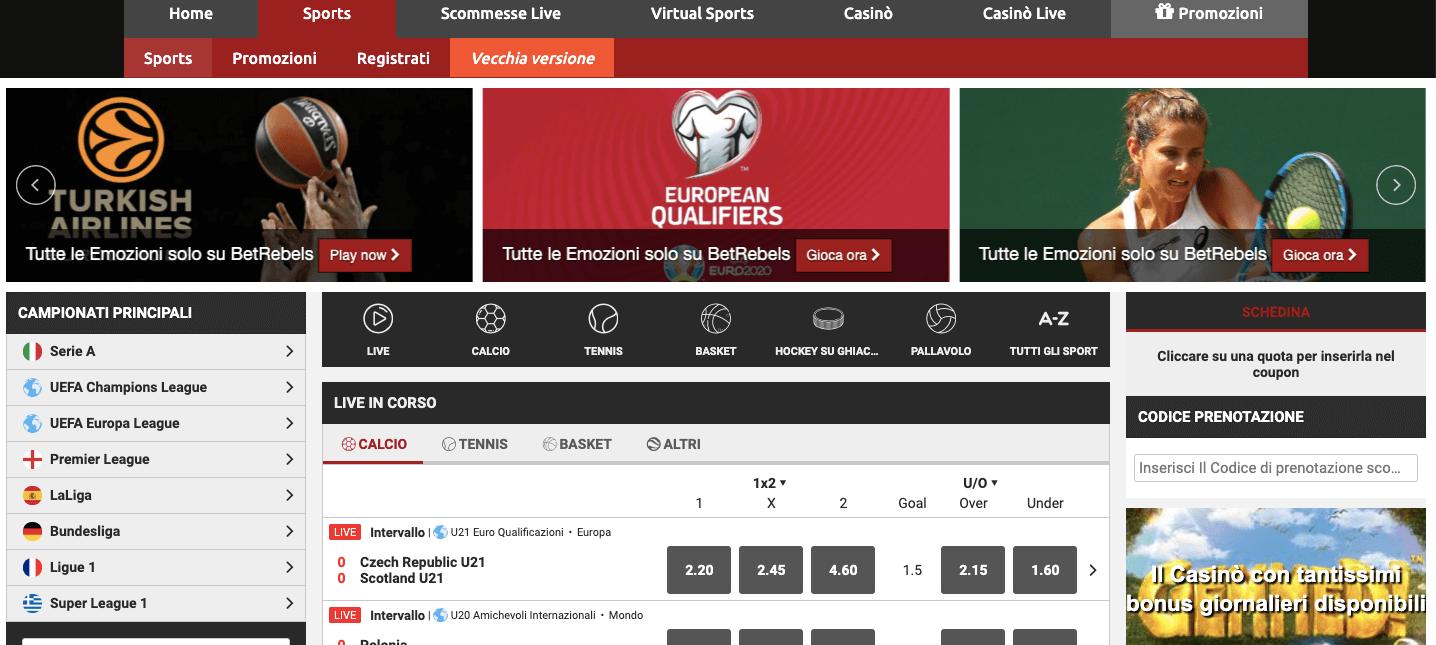 Immagine raffigurante la piattaforma delle scommesse sportive offerta alla sua clientela da Betrebels betrebels scommesse sportive