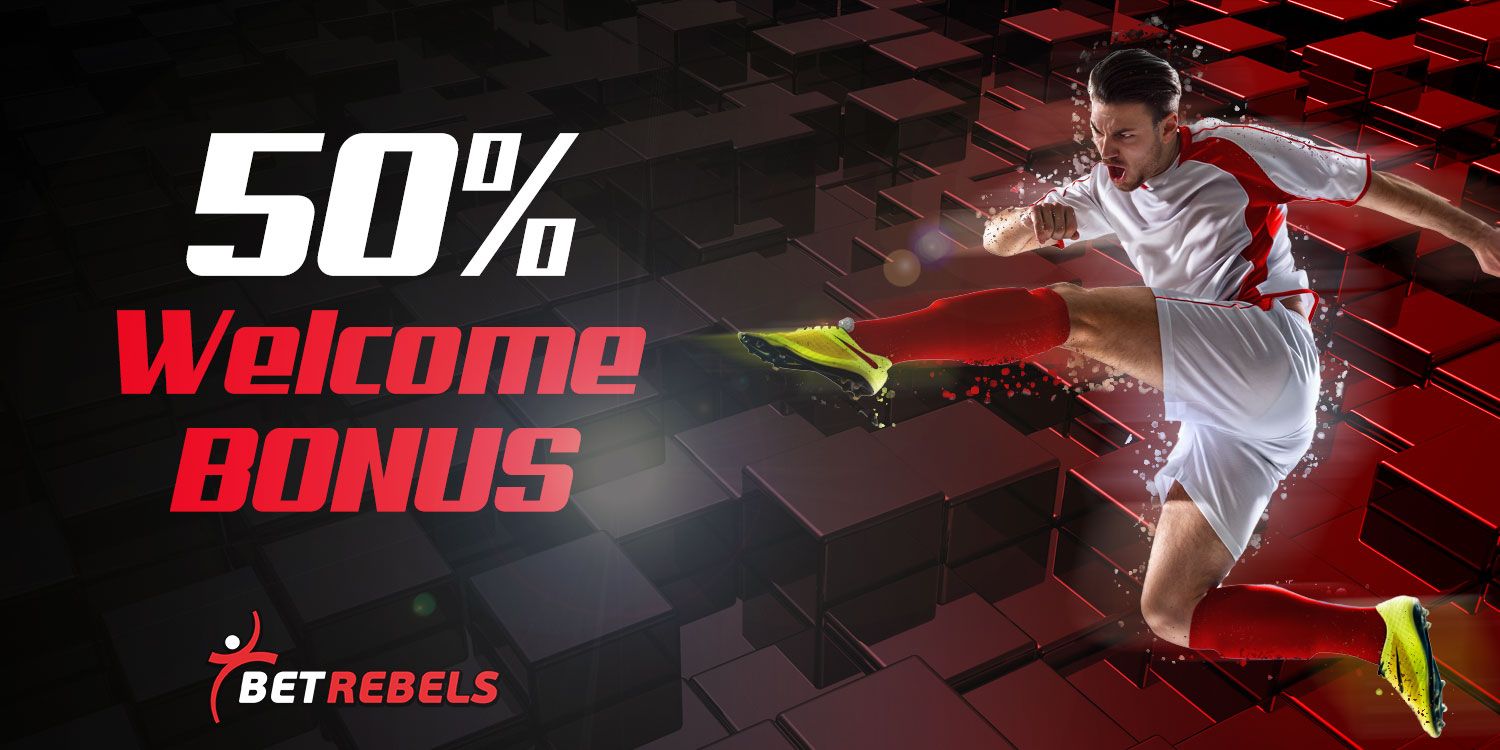 immagine raffigurante la promozione "Bonus di Benvenuto" offerta da betrebels alla nuova clientela in Svizzera del 50% fino a 100€ betrebels sports promo Svizzera