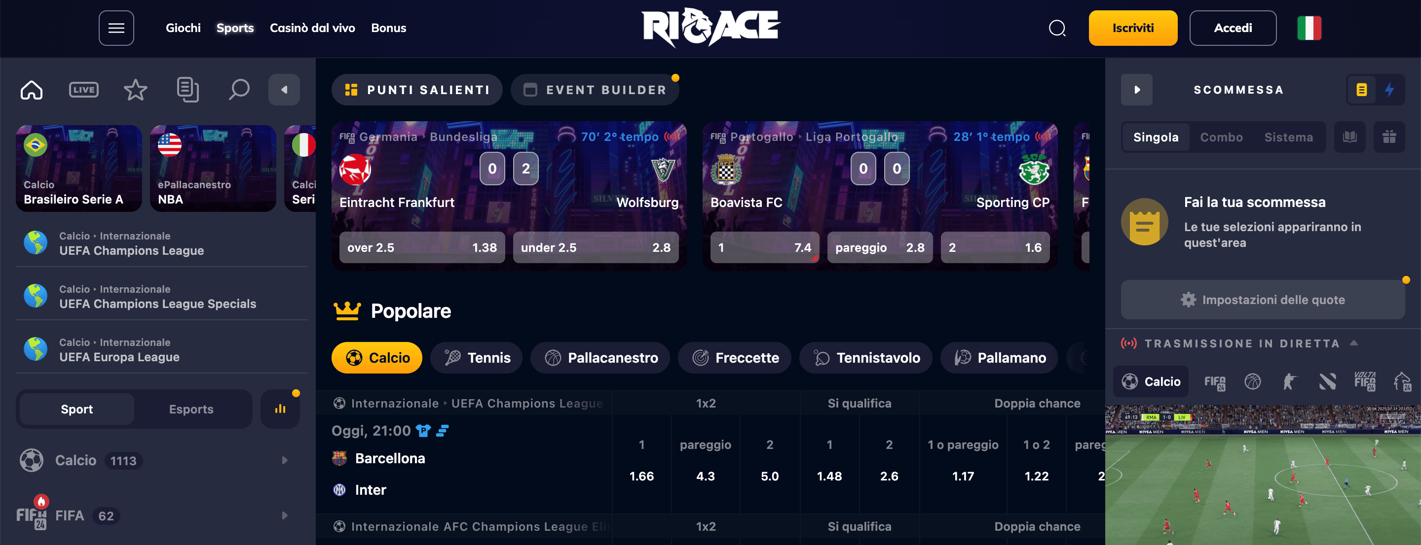 RioAce Scommesse Screenshot