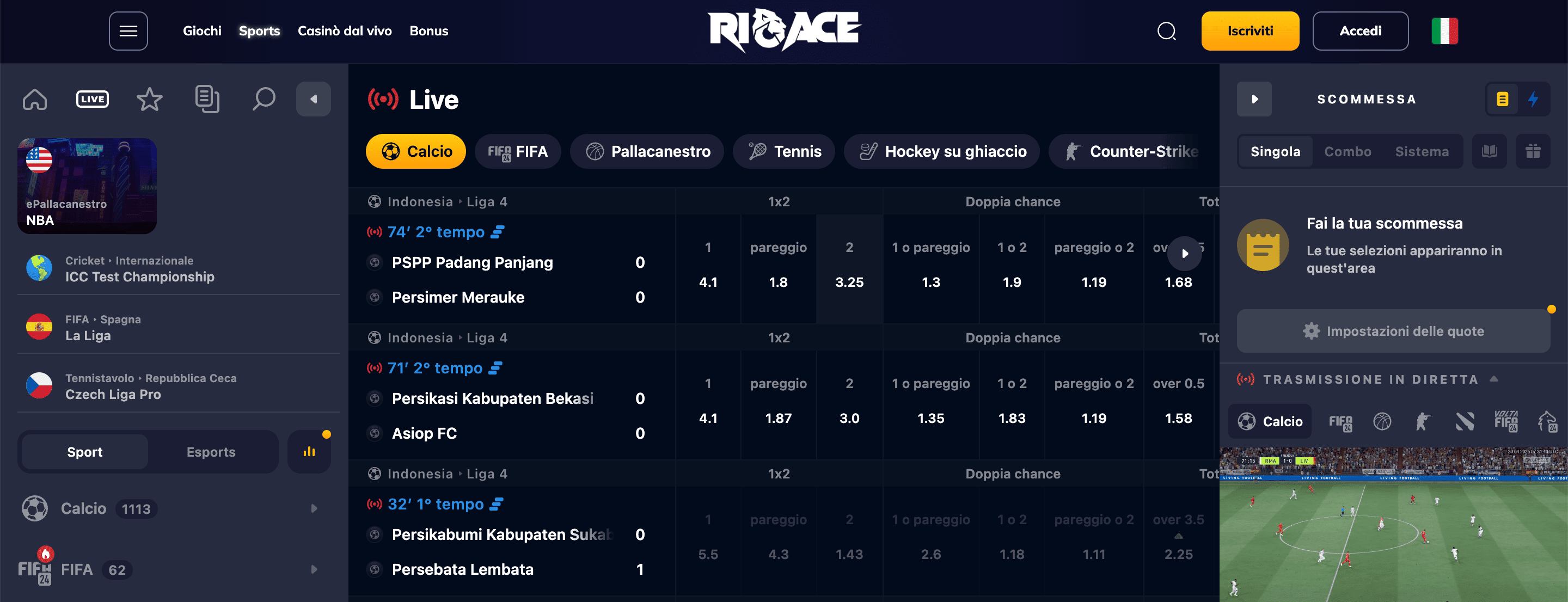 RioAce Scommesse Live